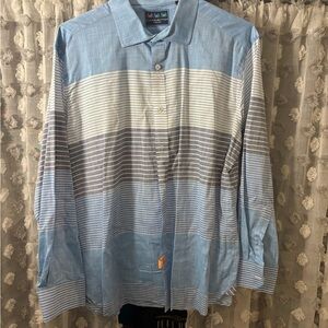 Men's Casual Blue and White Striped Button-Down Shirt